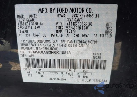 2022 Ford Police Interceptor Utility из США, поврежденный, VIN 1FM5K8AB3NGC19818